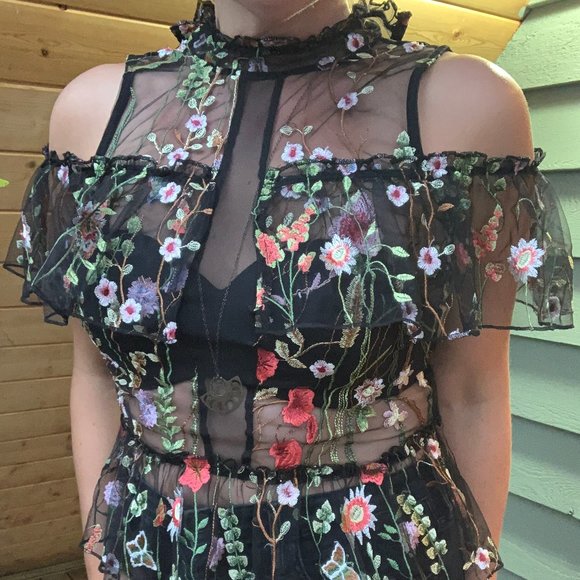 Whimsical Floral Sheer Mock-Neck Peplum - Picture 2 of 5